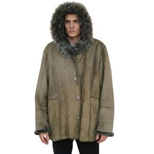 Vtg Fitzwright Mens Coat Sz L Olive Green Faux Suede‎ Sherpa Lined Hood Paris NY